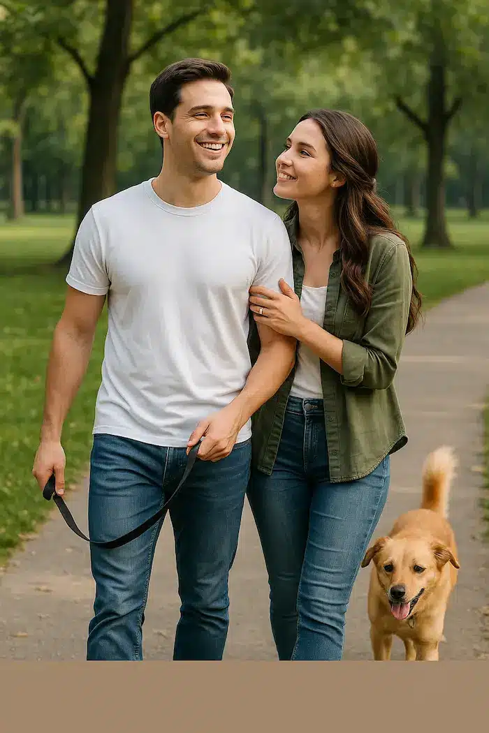 Man en vrouw wandelen in park met hond, terwijl hij er aantrekkelijk uitziet voor zijn ex die hem verliefd aankijkt.
