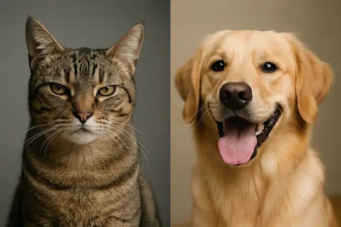 Split-afbeelding met links een stille kat die wegkijkt en rechts een hond die enthousiast kijkt, als metafoor voor verschillen in communicatie tussen man en vrouw