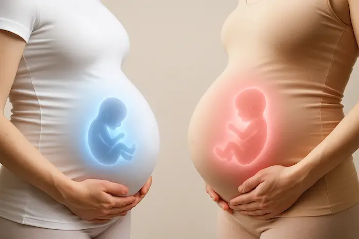 Ontwikkeling-van-het-mannenbrein-en-vrouwenbrein-begint-in-de-baarmoeder Zwangere buiken met blauwe en roze gloed, symbool voor hormonale verschillen die mannen- en vrouwenbrein vormen in de baarmoeder