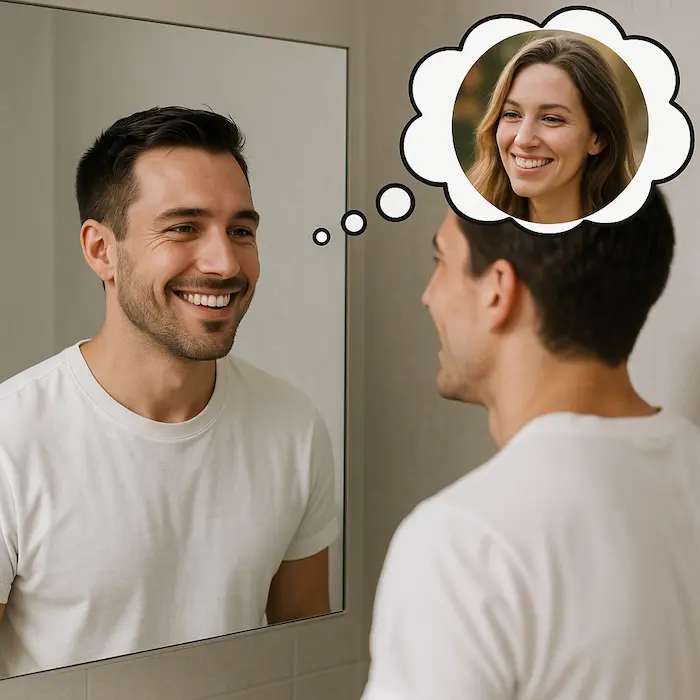 Man kijkt lachend in de spiegel terwijl hij denkt aan zijn ex die verliefd naar hem kijkt.