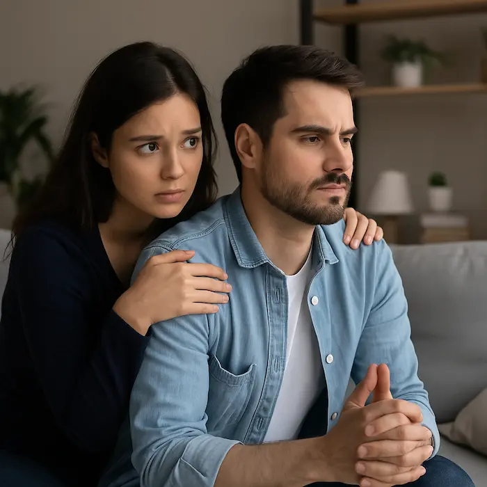 bindingsangst-ruimte-geven-koppel-emotionele-afstand Bezorgde vrouw omarmt man die afstandelijk voor zich uit kijkt op de bank.