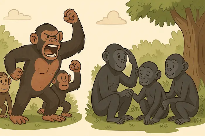 chimpansees-vs-bonobos Illustratie van bonobo’s die elkaar zacht aanraken en chimpansees die druk gebaren, als symbool voor verschillende sociale dynamiek