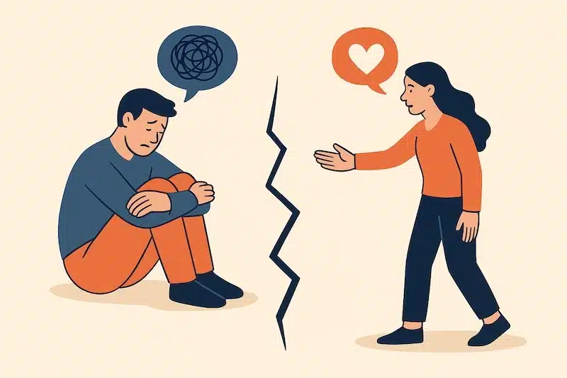 iemand ruimte geven in een relatie Man trekt zich terug terwijl vrouw hem vragend aankijkt — illustratie van bindingsangst en ruimte geven.