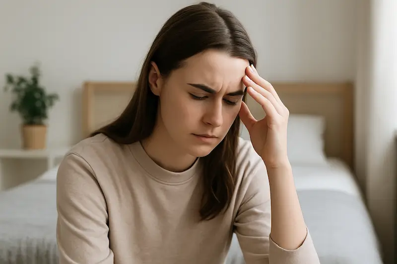 ik-ben-niet-goed-genoeg Jonge vrouw kijkt verdrietig omlaag, worstelend met het gevoel “ik ben niet goed genoeg” na liefdesverdriet, in een lichte slaapkamer.