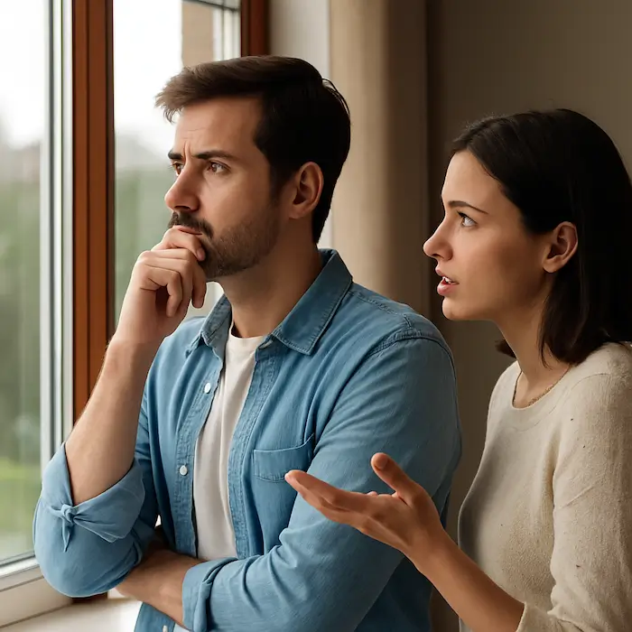 man-communiceert-niet-vrouw-wil-praten Man kijkt peinzend uit raam, vrouw wil praten