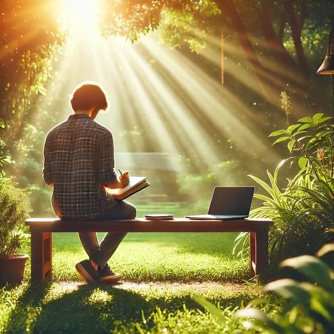 Persoon in park, genietend van rust en reflectie zonder gebruik van social media