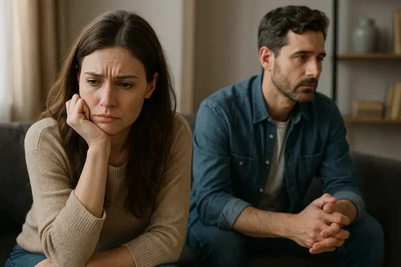 Relatie verbroken na 10 jaar – verdrietig koppel op de bank Man en vrouw zitten stil op de bank na het verbreken van hun relatie van 10 jaar