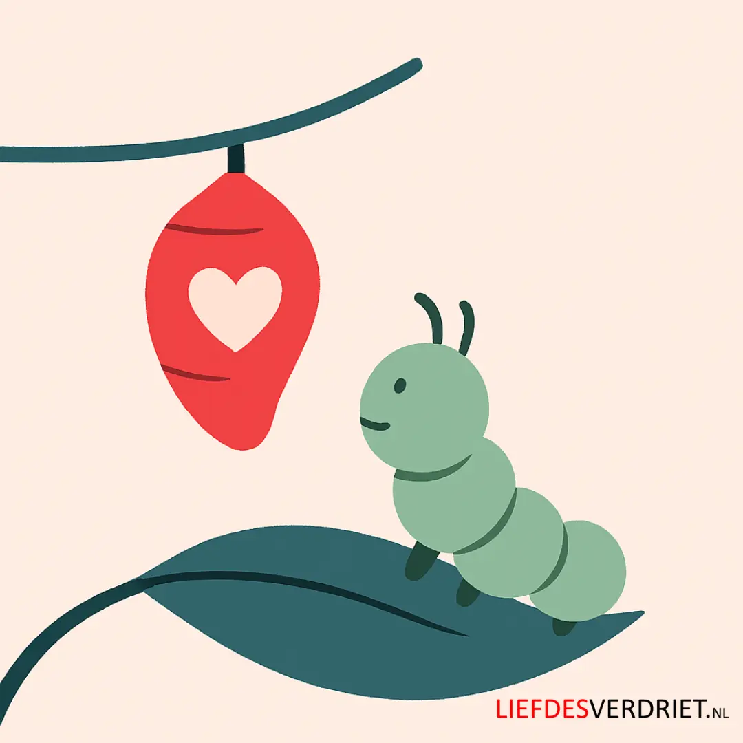 Rups op blad kijkt naar cocon – metafoor voor transformatie in liefde
