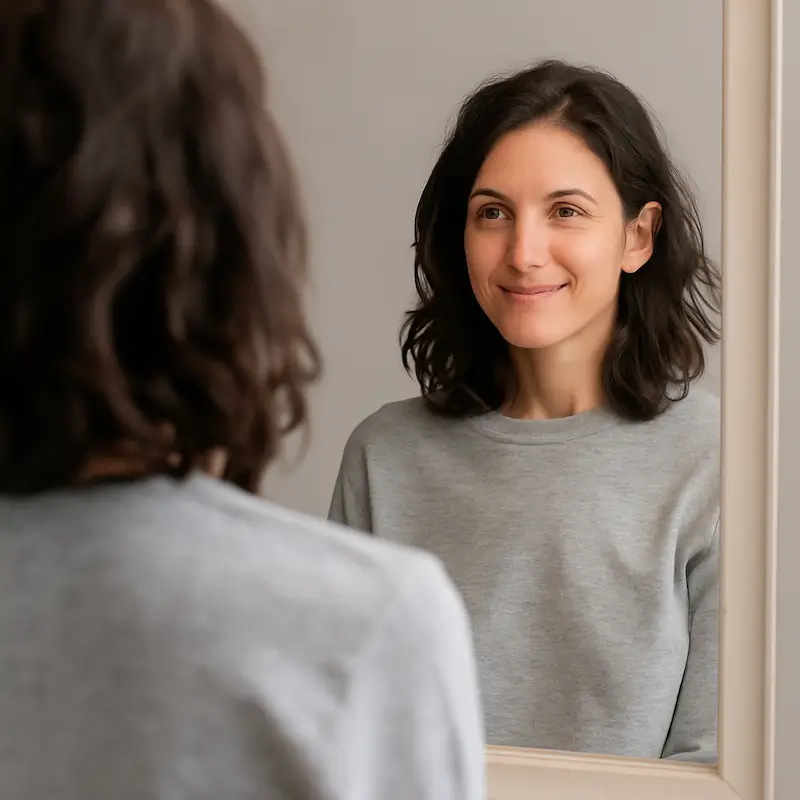 vrouw-spiegel-liefdevol-ik-ben-niet-goed-genoeg Vrouw kijkt zichzelf liefdevol aan in de spiegel, terwijl ze worstelt met het gevoel “ik ben niet goed genoeg”, in een rustige kamer.